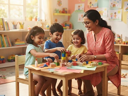 Children enjoying a learning activity with a caring daycare teacher.