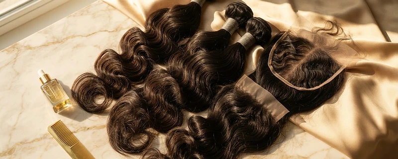 Raw natural wavy hair bundles and closures on marble surface