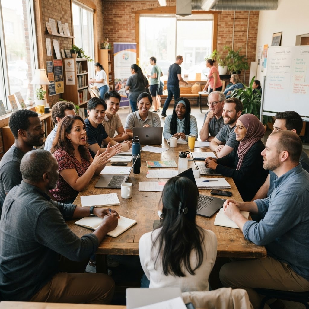 A diverse team of community partners collaborating around a table