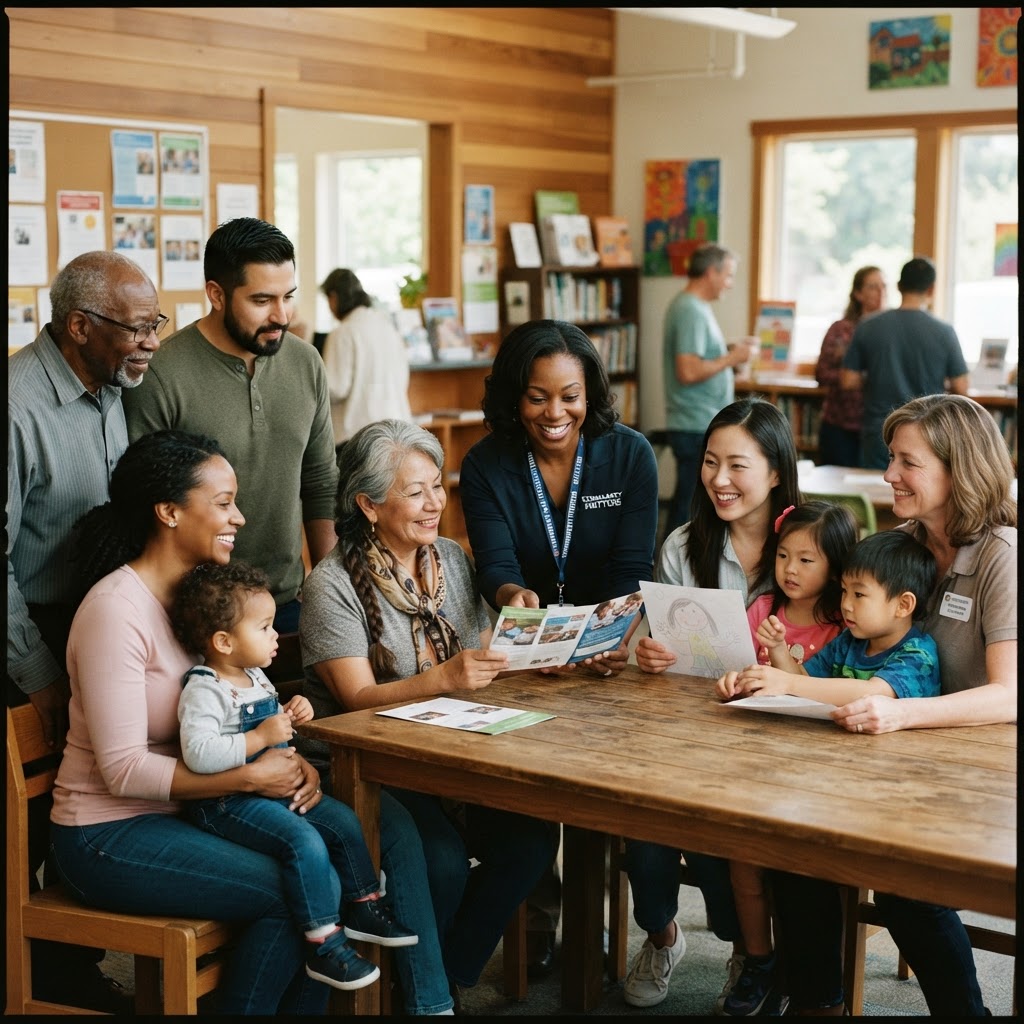 Diverse families meeting with community resource staff