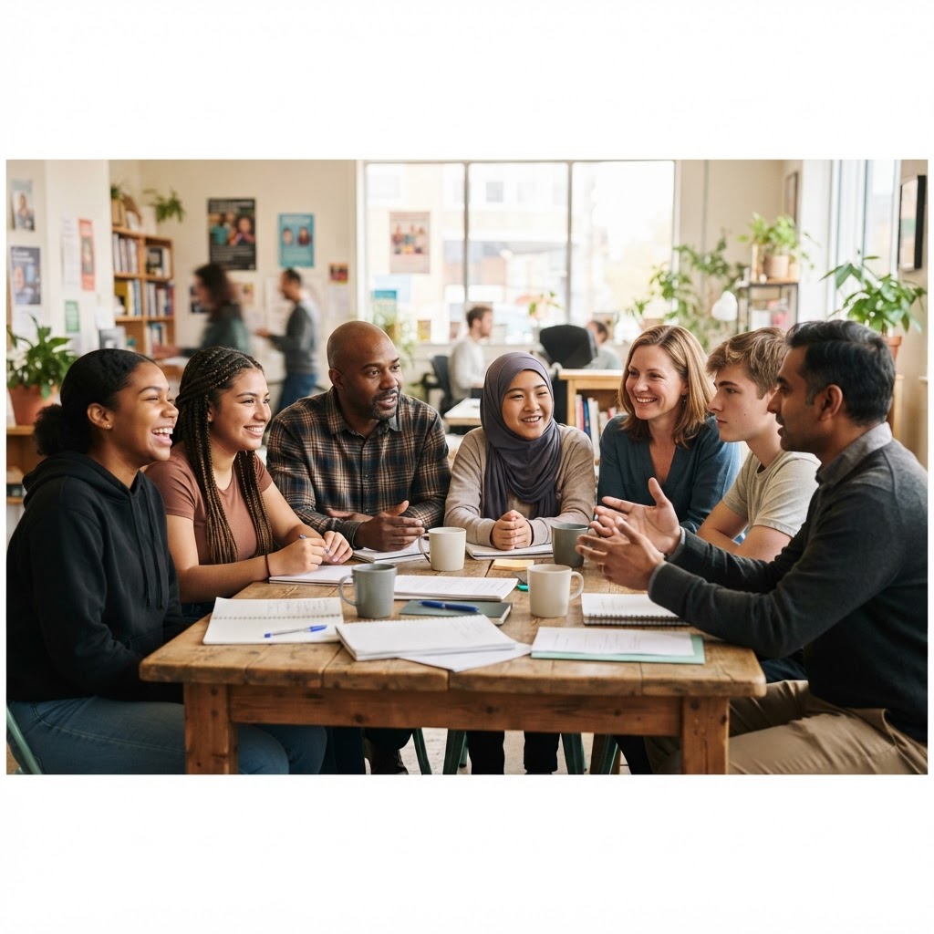 Diverse mentors and teens at a community center