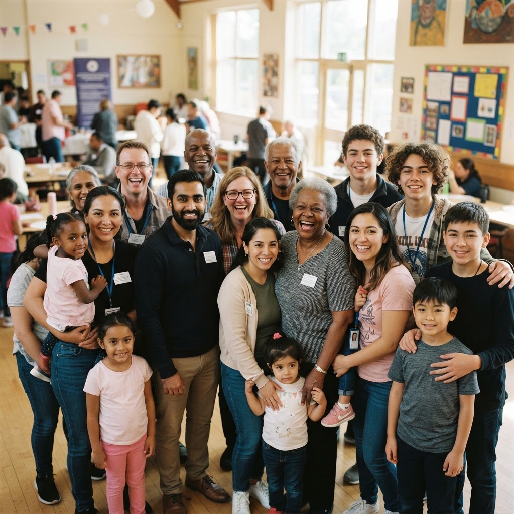 A diverse group of community volunteers and families together