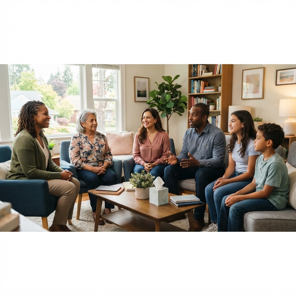 A diverse family talking with a friendly counselor
