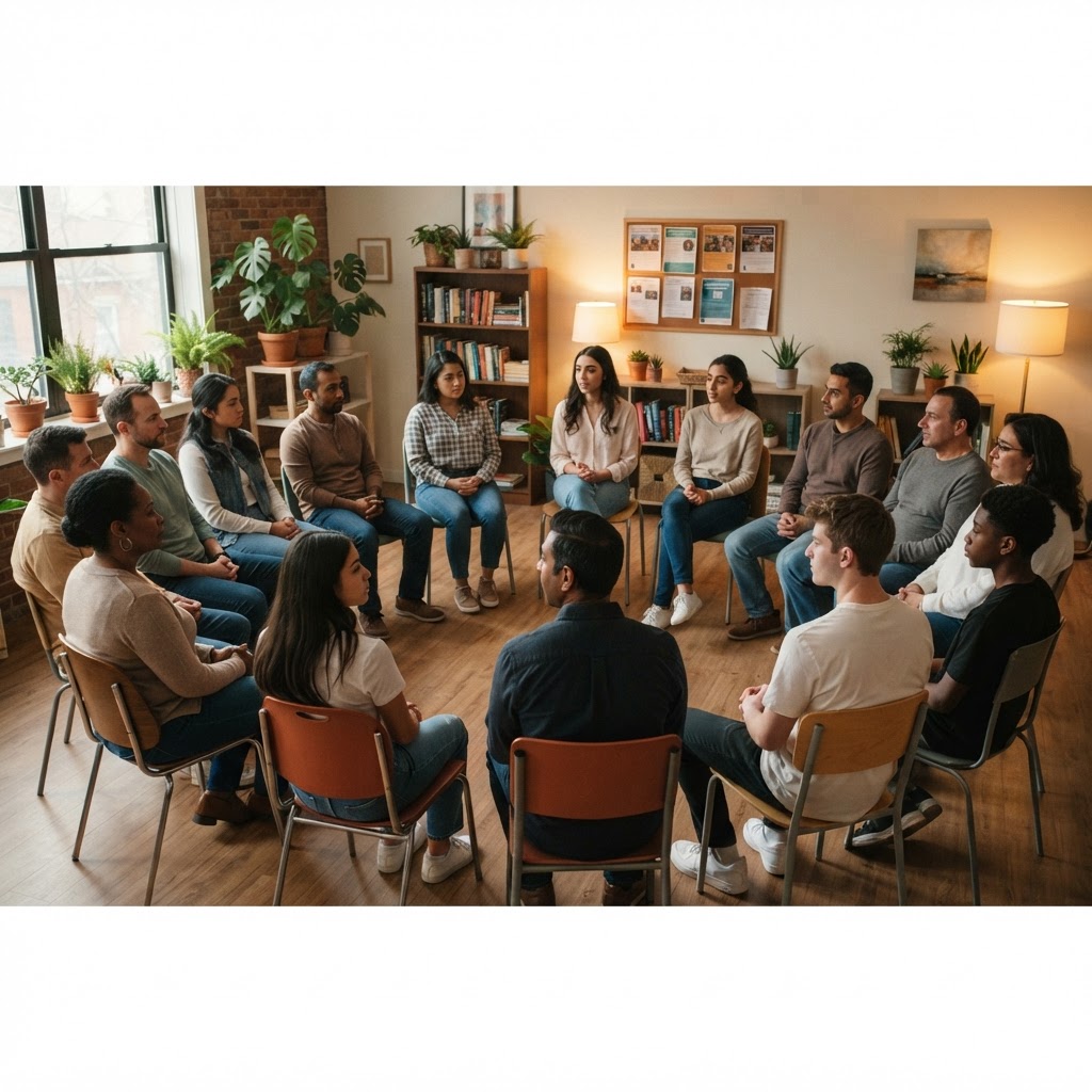 Caring adults and teens of different backgrounds listening to each other