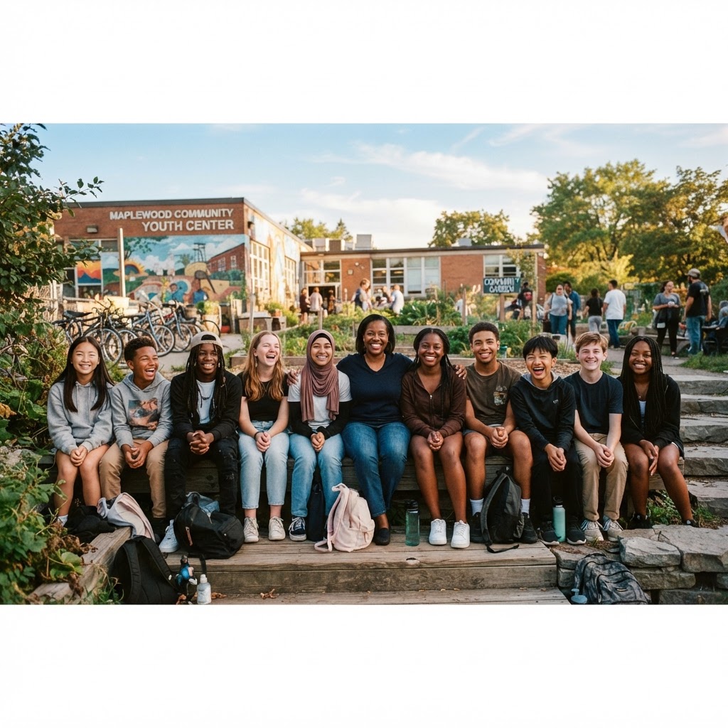 A diverse group of young people and a mentor together outside a community center