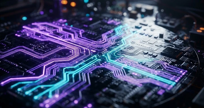 Macro silicon chip with glowing violet and cyan energy pathways representing AI-powered IT
