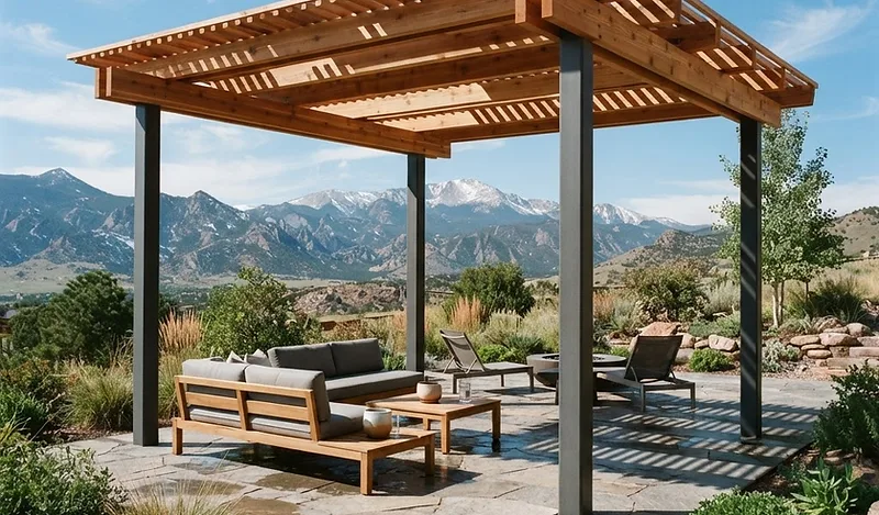 Finished open-roof pergola with wood shade members, dark posts, and a Northern Colorado mountain setting