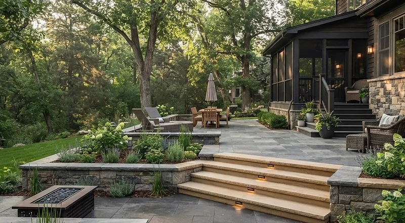Layered paver and natural-stone hardscape suited to a mature Fort Collins-style backyard