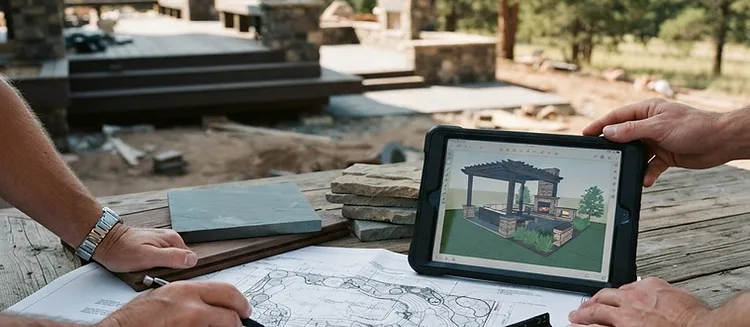 Outdoor-living site plan, material samples, scale tools, and project visualization being coordinated