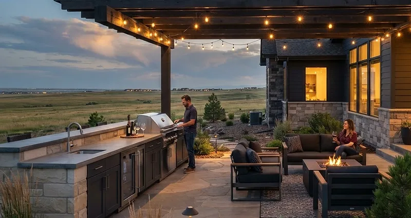 Outdoor kitchen suited to a Windsor-area home with a long counter, integrated grill, and social seating