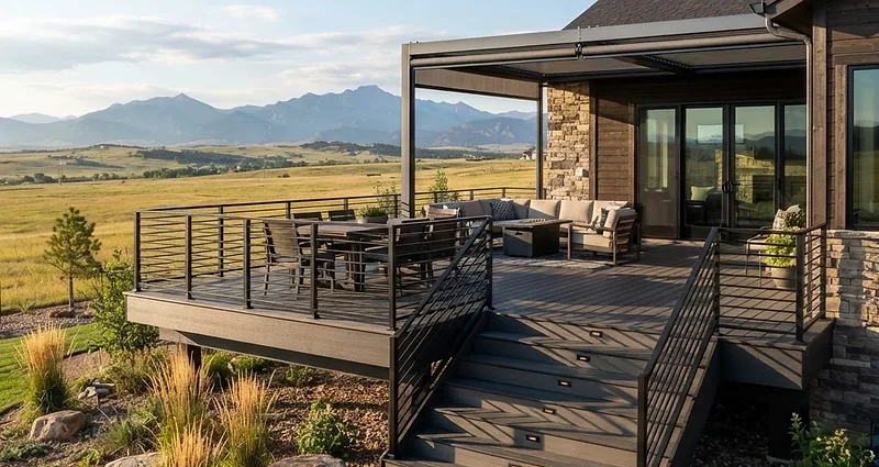 Elevated composite deck suited to a Greeley-area home with dark guards, broad stairs, and plains context