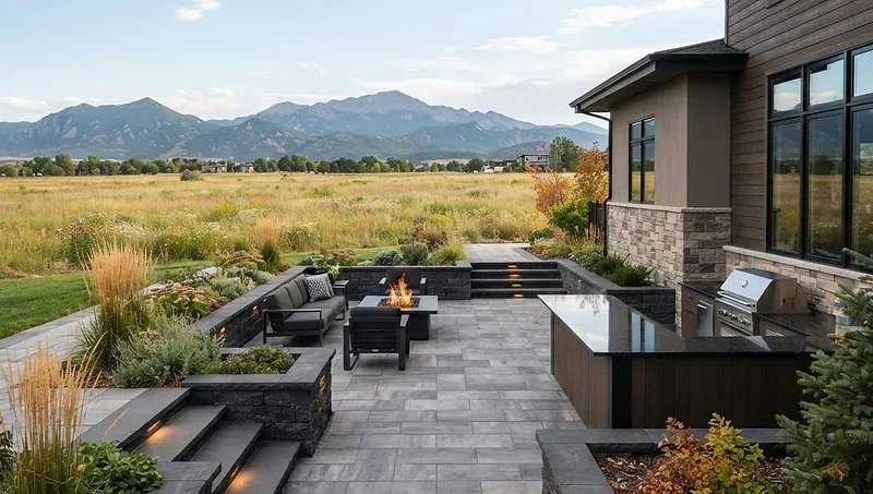 Contemporary paver patio and retaining-wall composition suited to a Timnath-area home near open space