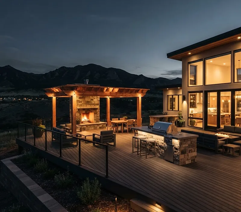 Fulcrest outdoor living space at dusk in Northern Colorado