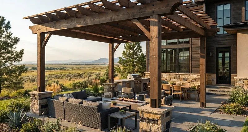 Open-roof cedar pergola suited to a Greeley-area home with a patio and drought-tolerant landscaping