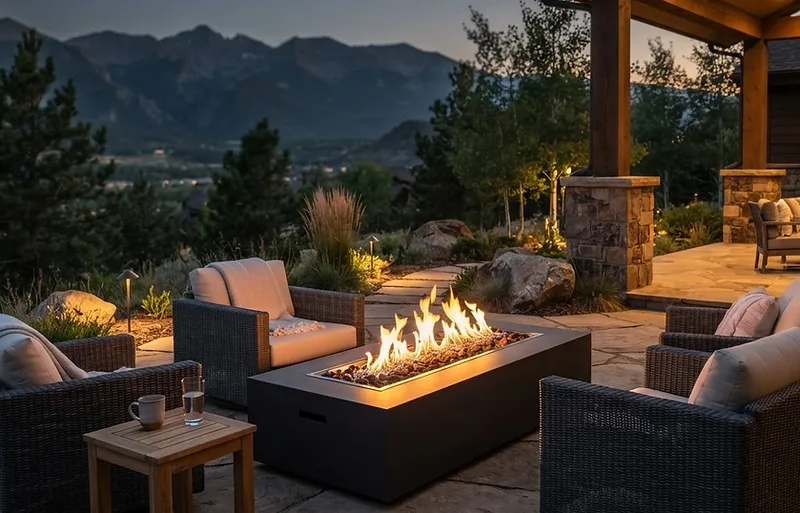 Finished linear fire feature integrated into a spacious outdoor living area