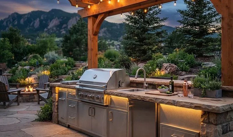 Finished built-in outdoor kitchen with durable counters and integrated appliances