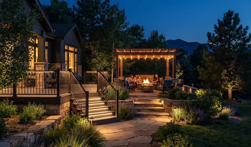 Layered low-glare outdoor lighting suited to a mature Fort Collins-style backyard at blue hour