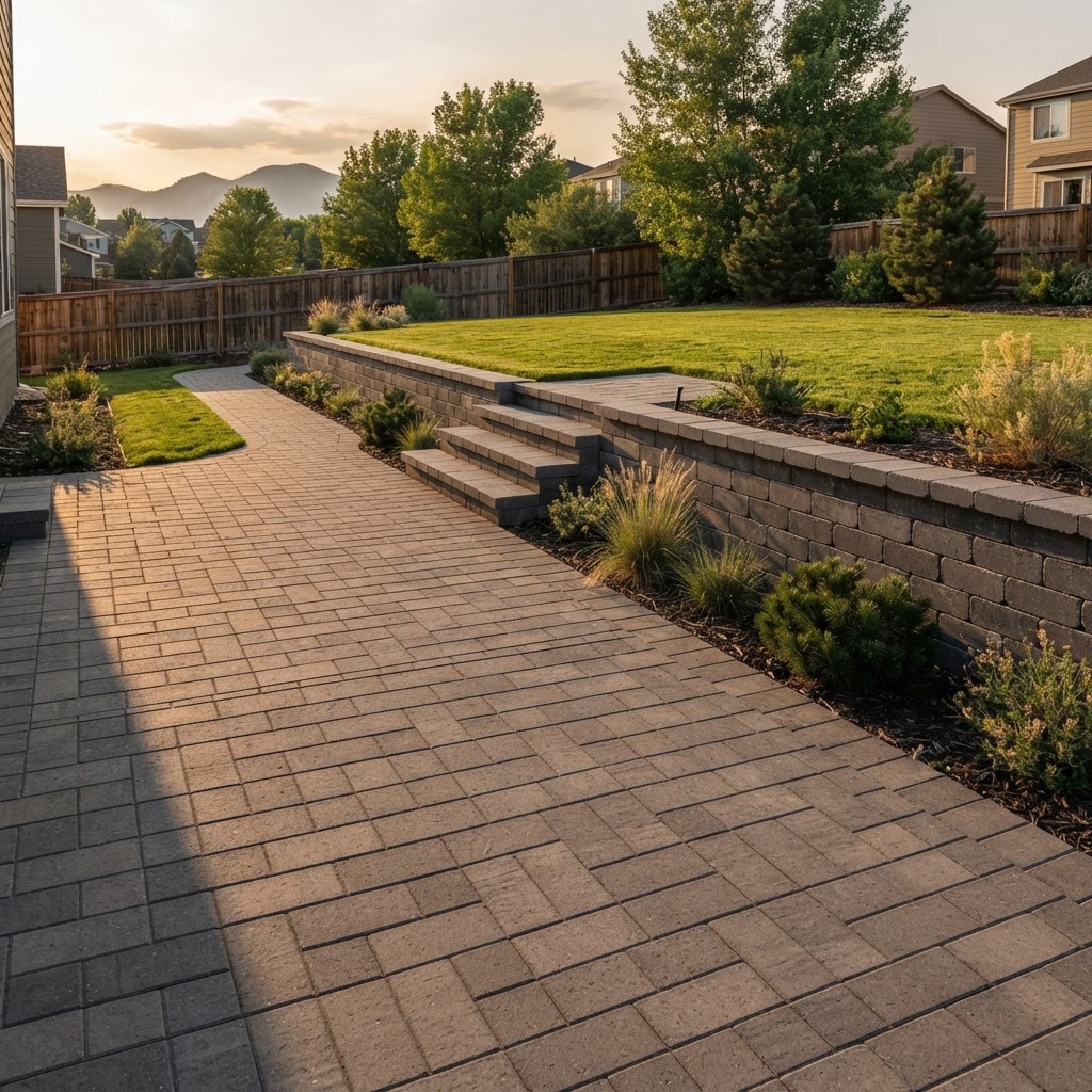 Hardscaping in Timnath — paver patio, retaining wall, stairway and walkway