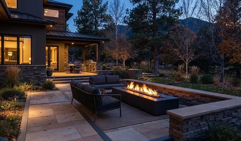 Linear gas fire feature suited to a mature Fort Collins-style backyard with stone and open clearances