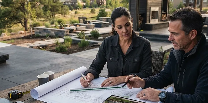 Designer-builder reviewing outdoor-living plans and material samples with the property in view
