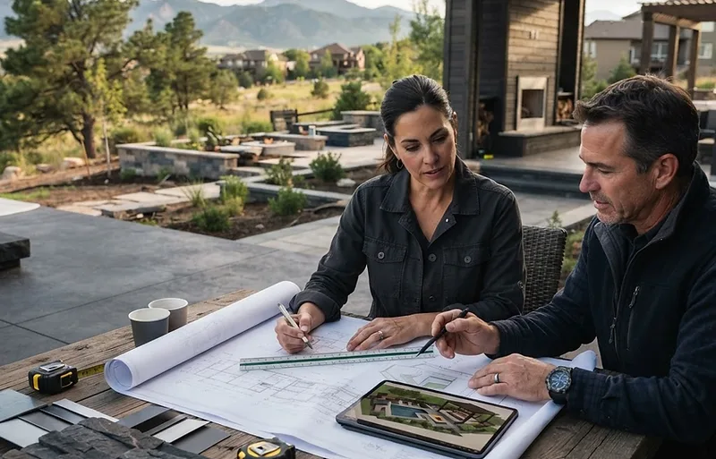 Designer-builder reviewing outdoor-living plans and material samples with the property in view