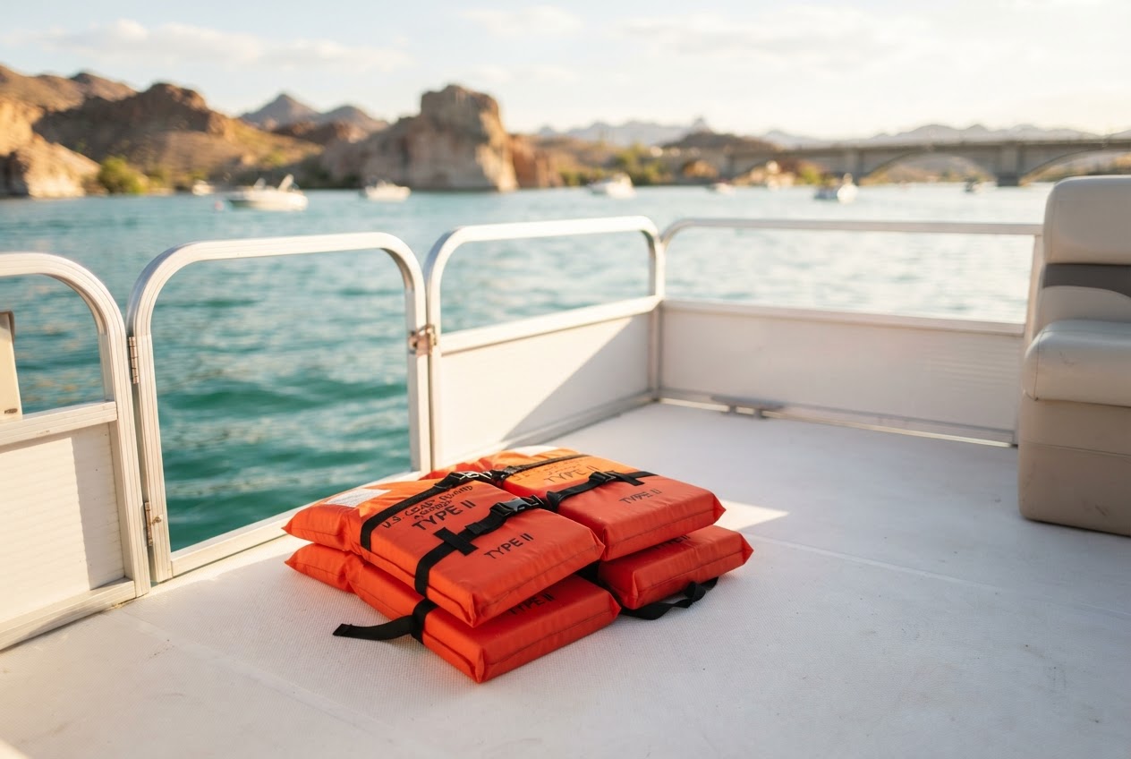 Life jackets on a clean boat deck