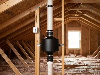 Radon mitigation system inline fan installed on sub-slab depressurization pipe.