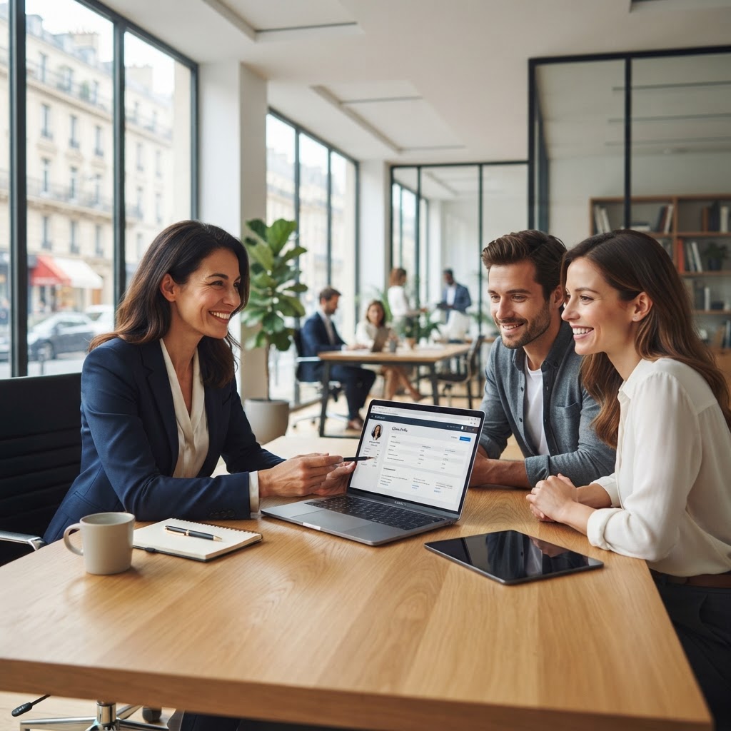 Courtier en assurance consultant une liste de prospects qualifiés sur son ordinateur Courtier en assurance consultant une liste de prospects qualifiés sur son ordinateur