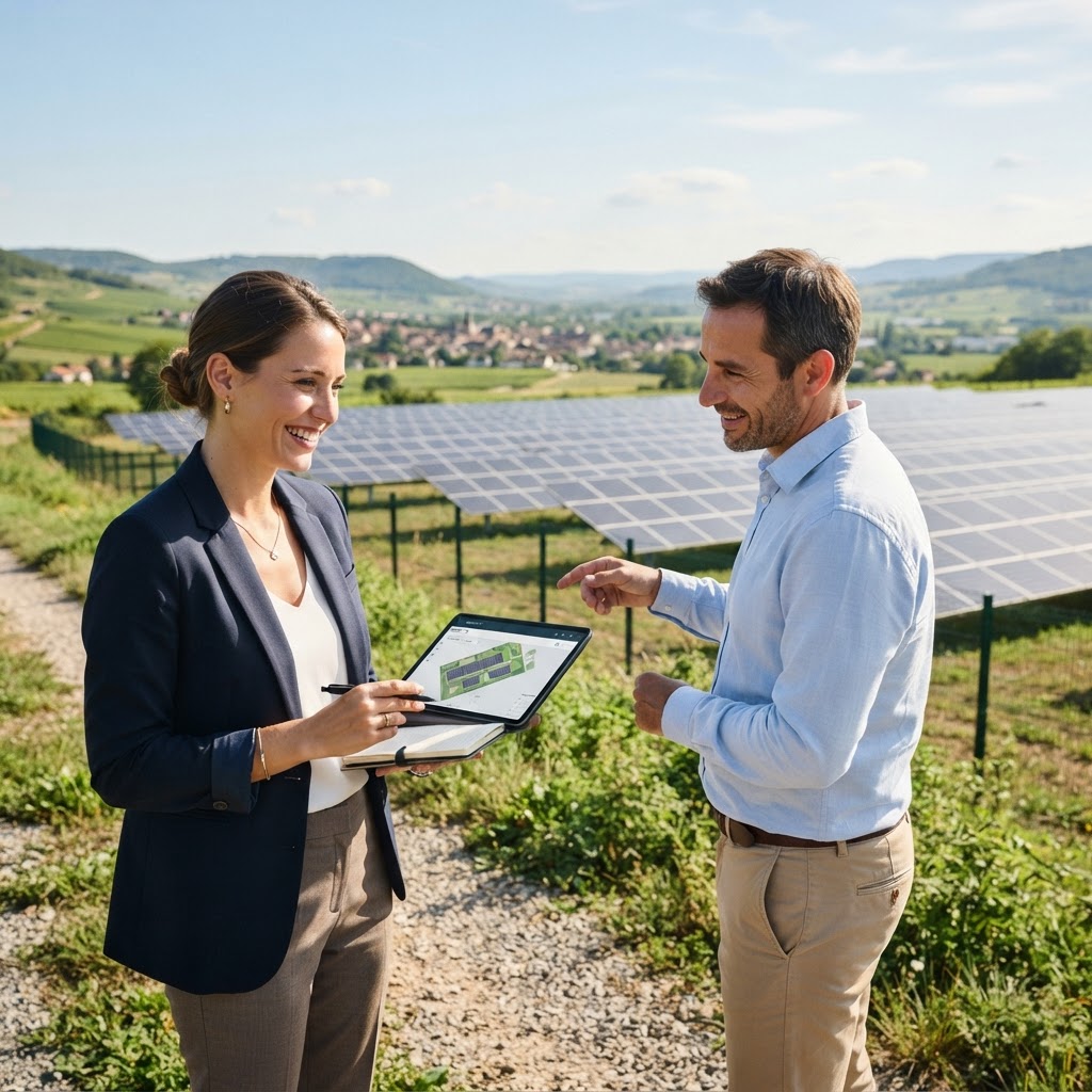 Installateur photovoltaïque consultant un tableau de bord de leads prospects solaires sur ordinateur Installateur photovoltaïque consultant un tableau de bord de leads prospects solaires sur ordinateur