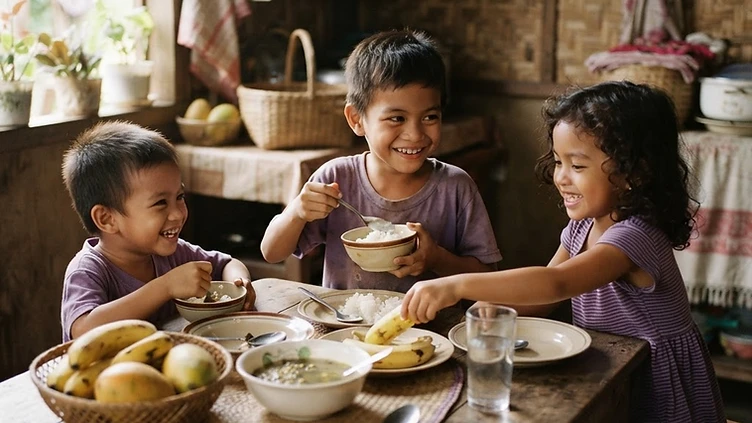 Filipino children sharing a simple meal together at a wooden table in a sunlit home