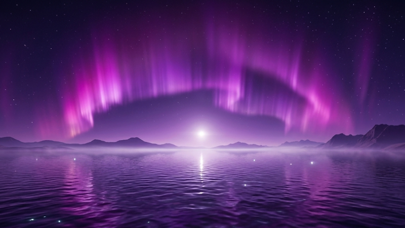 Purple aurora over a tranquil mountain lake