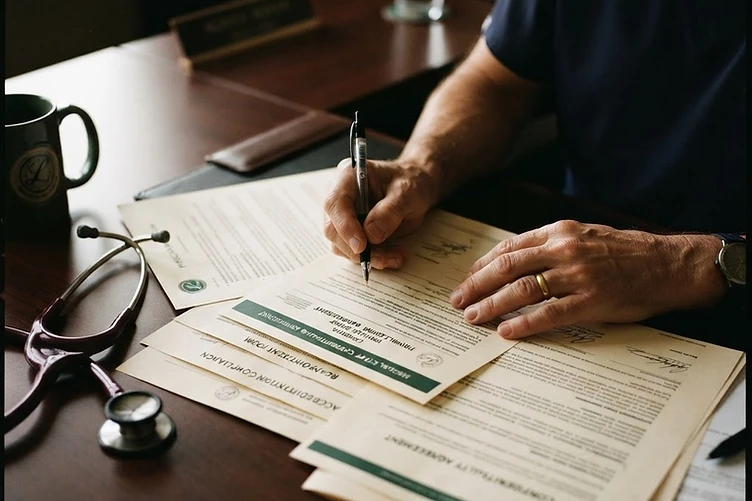 Profissional de saúde revisando documentos de credenciamento médico