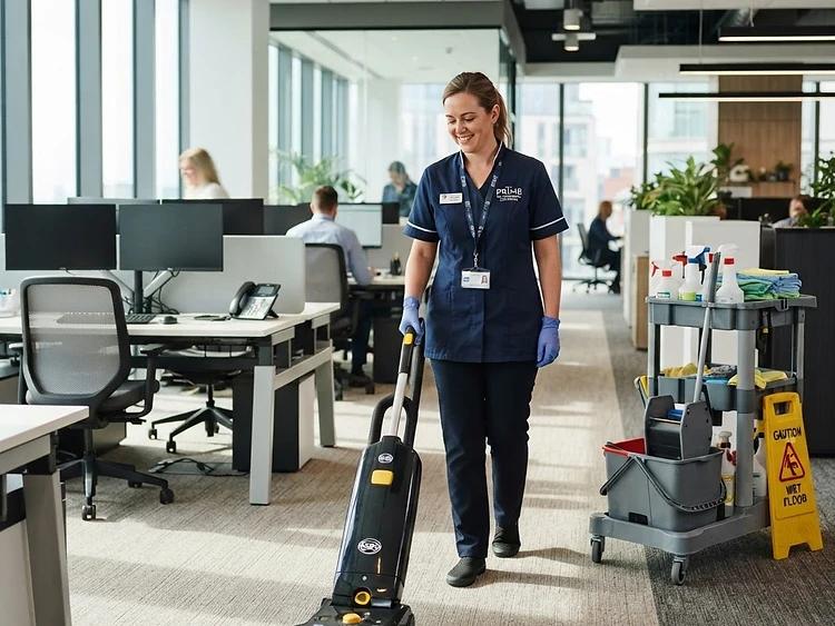 Commercial cleaning professional vacuuming a modern office