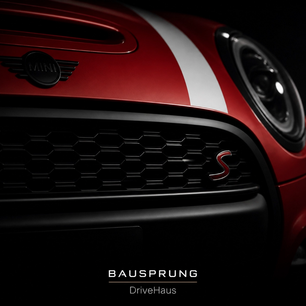 URSPRUNG in profile, showing its compact four-door proportions and Chili Red and white colorway