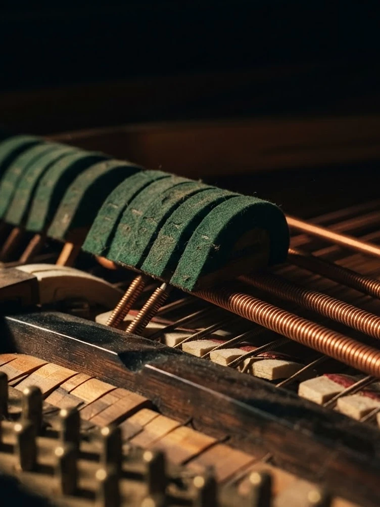 Close-up of grand piano felt hammers and copper-wound bass strings
