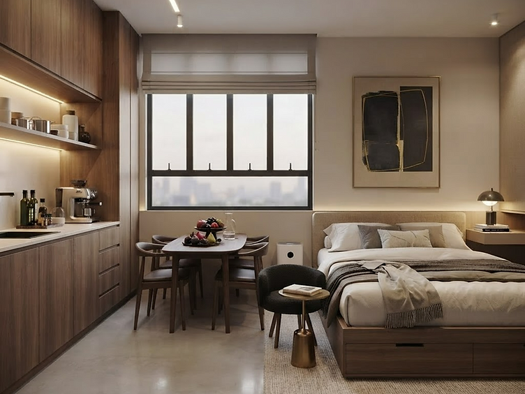 Interior do loft de 31m² com janelas do piso ao teto, cozinha integrada e mobiliário inteligente