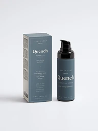Quench hyaluronic serum bottle and carton on slate blue backdrop with water droplet texture