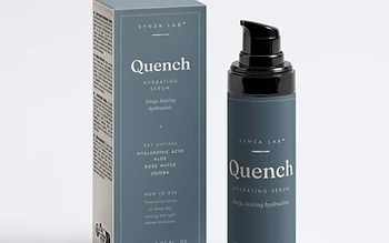Quench hyaluronic serum bottle and carton on slate blue backdrop with water droplet texture