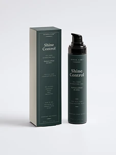 Shine Control oil-free gel moisturiser bottle and carton on deep forest green backdrop