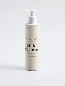 Milk Cleanse gentle cleansing milk bottle on bone linen backdrop with cream texture