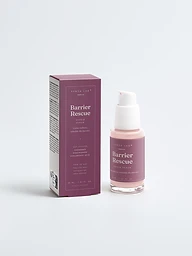 Barrier Rescue exosome and niacinamide repair serum bottle and carton on mauve backdrop