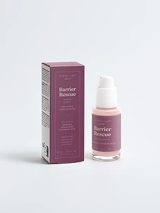 Barrier Rescue exosome and niacinamide repair serum bottle and carton on mauve backdrop
