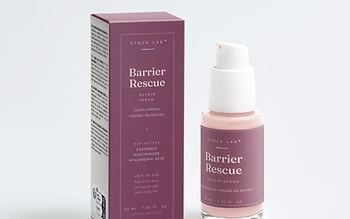 Barrier Rescue exosome and niacinamide repair serum bottle and carton on mauve backdrop