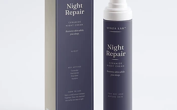 Night Repair ceramide night cream bottle and carton on deep indigo backdrop, night mood