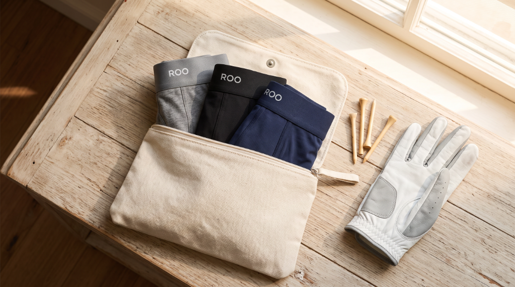 ROO Boxer Briefs trio packed in a canvas pouch with a golf glove and tees