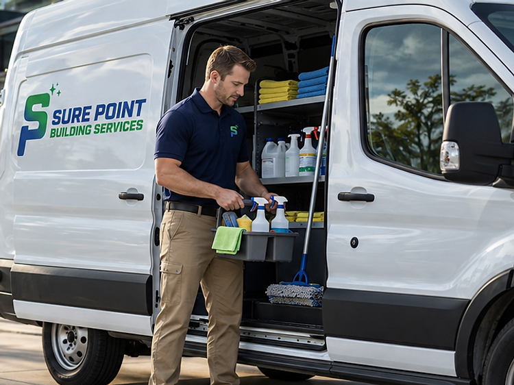 Sure Point cleaning professional with organized cleaning supplies beside a branded van in Grand Rapids, MI
