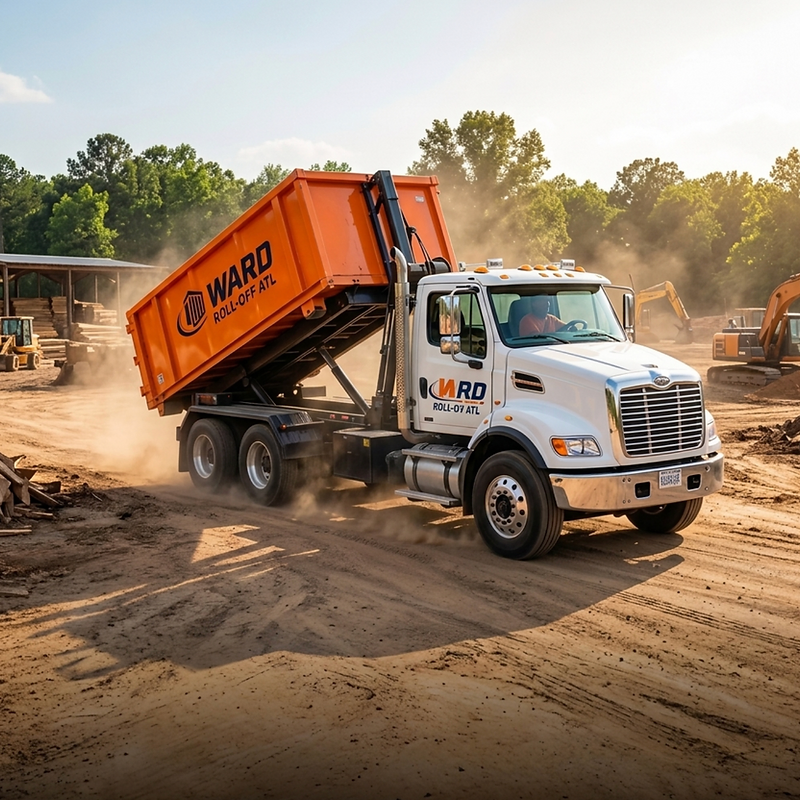 Ward Roll-Off ATL truck delivering a dumpster at a construction site