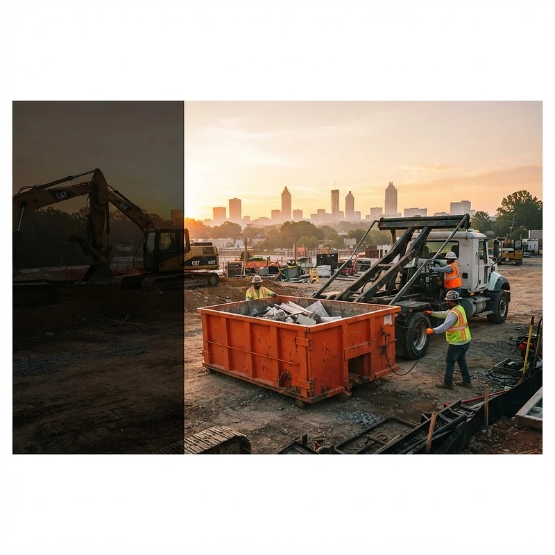 Orange roll-off dumpster at a commercial construction site in Atlanta