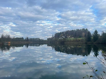 Calm lake reflecting a cloudy sky