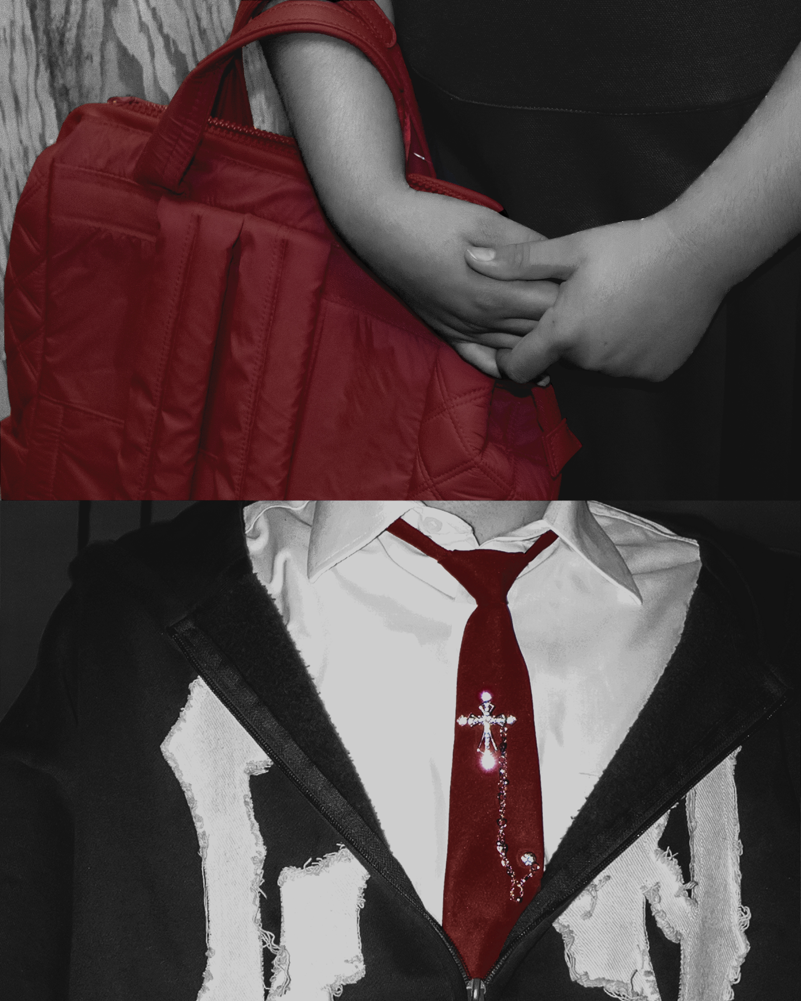 Detalle en blanco y negro con rojo saturado: bolso acolchado carmesí y corbata con cruz de plata